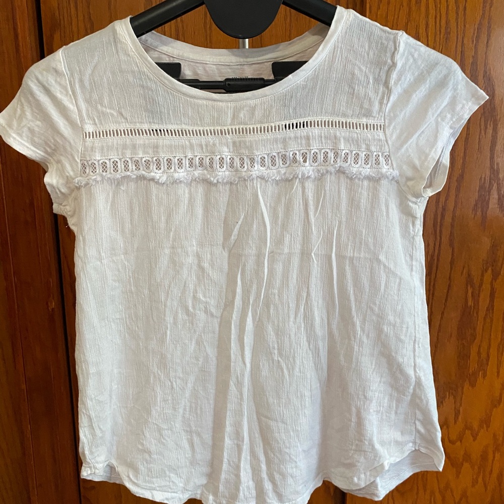 LOFT White Short Sleeve Top with Lace Detail 100% cotton